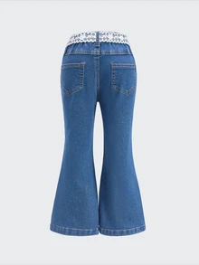 SHEIN Girls Casual Elastic Waist Rhinestone Embellished Flare Denim Pants, Lightweight Summer Autumn Fall - Medium Wash - View 3