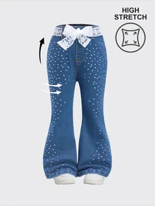SHEIN Girls Casual Elastic Waist Rhinestone Embellished Flare Denim Pants, Lightweight Summer Autumn Fall - Medium Wash - View 8