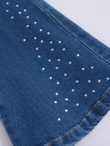 SHEIN Girls Casual Elastic Waist Rhinestone Embellished Flare Denim Pants, Lightweight Summer Autumn Fall - Medium Wash - View 5