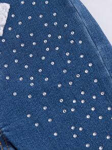 SHEIN Girls Casual Elastic Waist Rhinestone Embellished Flare Denim Pants, Lightweight Summer Autumn Fall - Medium Wash - View 7
