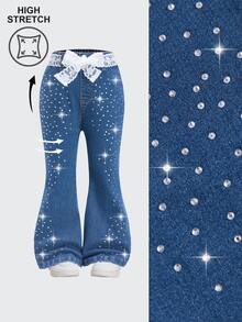 SHEIN Girls Casual Elastic Waist Rhinestone Embellished Flare Denim Pants, Lightweight Summer Autumn Fall - Medium Wash - View 2