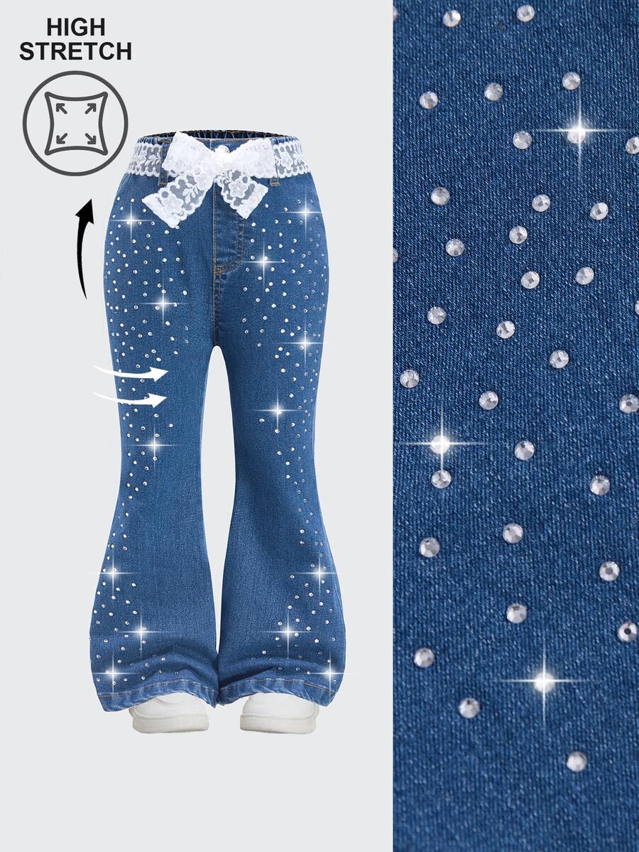 SHEIN Girls Casual Elastic Waist Rhinestone Embellished Flare Denim Pants, Lightweight Summer Autumn Fall