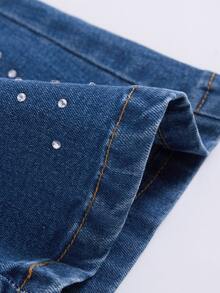 SHEIN Girls Casual Elastic Waist Rhinestone Embellished Flare Denim Pants, Lightweight Summer Autumn Fall - Medium Wash - View 9