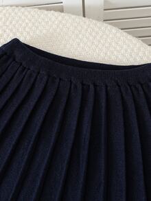 SHEIN 女童秋冬刺繡圓領開襟針織外套，時尚可愛優雅蝴蝶結長袖夾克搭配海軍藍百褶裙套裝 - 藏蓝色 - 查看 6