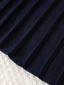 SHEIN 女童秋冬刺繡圓領開襟針織外套，時尚可愛優雅蝴蝶結長袖夾克搭配海軍藍百褶裙套裝 - 藏蓝色 - 查看 4