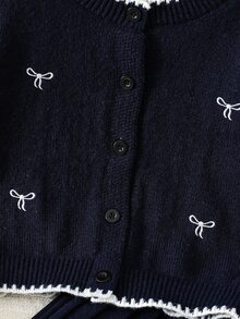SHEIN 女童秋冬刺繡圓領開襟針織外套，時尚可愛優雅蝴蝶結長袖夾克搭配海軍藍百褶裙套裝 - 藏蓝色 - 查看 7