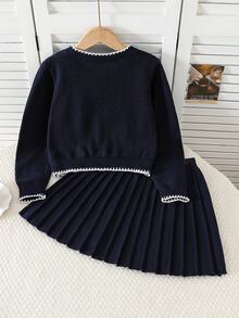 SHEIN 女童秋冬刺繡圓領開襟針織外套，時尚可愛優雅蝴蝶結長袖夾克搭配海軍藍百褶裙套裝 - 藏蓝色 - 查看 2