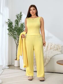 Solflare Set Kasual Nyaman untuk Wanita, Jaket Jubah Panjang Elegan + Tank Top Tanpa Lengan yang Nyaman dan Celana Longgar, Set 3 Potong Longgar dan Nyaman untuk Musim Gugur/Dingin - Kuning - View 3