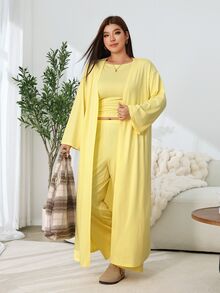 Solflare Set Kasual Nyaman untuk Wanita, Jaket Jubah Panjang Elegan + Tank Top Tanpa Lengan yang Nyaman dan Celana Longgar, Set 3 Potong Longgar dan Nyaman untuk Musim Gugur/Dingin - Kuning - View 5