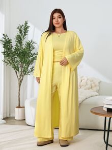 Solflare Set Kasual Nyaman untuk Wanita, Jaket Jubah Panjang Elegan + Tank Top Tanpa Lengan yang Nyaman dan Celana Longgar, Set 3 Potong Longgar dan Nyaman untuk Musim Gugur/Dingin - Kuning - View 4