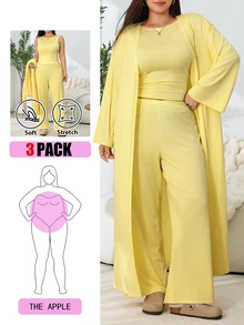 Solflare Set Kasual Nyaman untuk Wanita, Jaket Jubah Panjang Elegan + Tank Top Tanpa Lengan yang Nyaman dan Celana Longgar, Set 3 Potong Longgar dan Nyaman untuk Musim Gugur/Dingin - Kuning - View 1