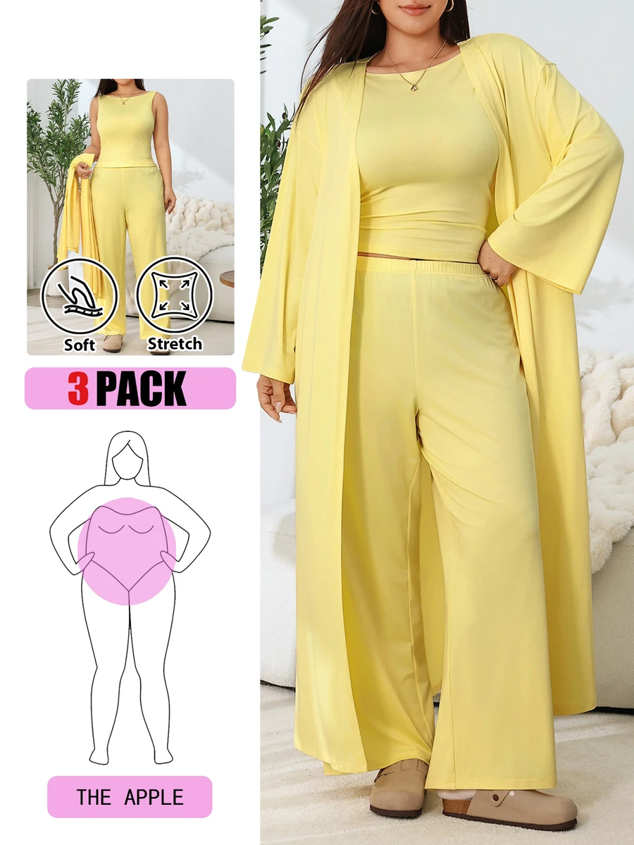 Solflare Set Kasual Nyaman untuk Wanita, Jaket Jubah Panjang Elegan + Tank Top Tanpa Lengan yang Nyaman dan Celana Longgar, Set 3 Potong Longgar dan Nyaman untuk Musim Gugur/Dingin - Kuning - View 1