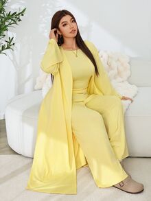 Solflare Set Kasual Nyaman untuk Wanita, Jaket Jubah Panjang Elegan + Tank Top Tanpa Lengan yang Nyaman dan Celana Longgar, Set 3 Potong Longgar dan Nyaman untuk Musim Gugur/Dingin - Kuning - View 6
