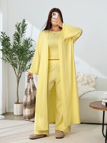 Solflare 女款舒適休閒套裝，優雅長款外套 + 無袖舒適背心與寬鬆長褲，秋冬寬鬆舒適三件套 - 黃色 - 查看 6