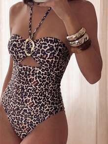 Costavie 2026 Spring/Summer Random Black & Brown Leopard Print Fitted Gold Asymmetric Decor Spaghetti Strap One-Piece Bikini Swimwear - Multicolor - View 2