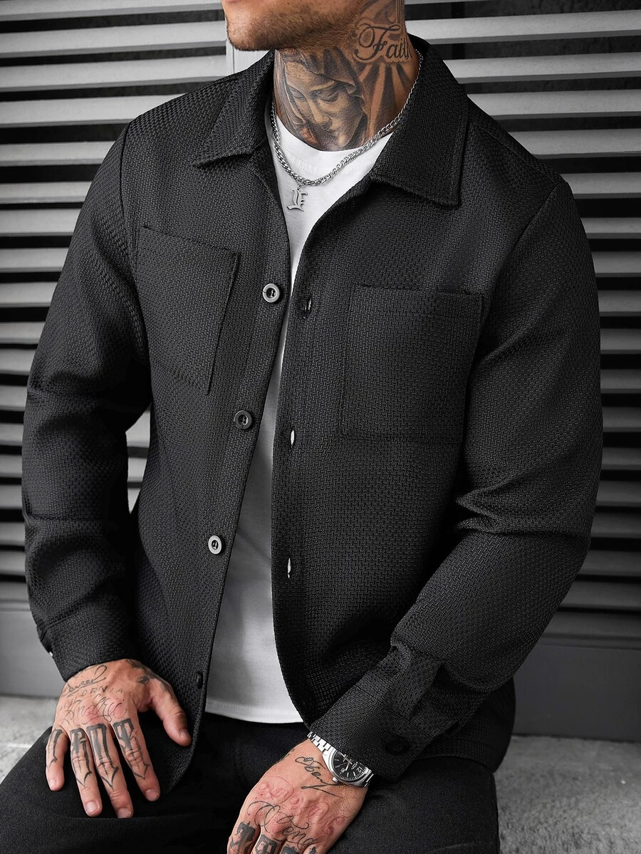 SLATEMANN Men's Long Sleeve Jacquard Shacket - Black - View 1
