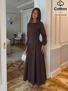 Siren Gaze Elegant minimalistisk klänning för kvinnor i enfärgad mörkbrun, båtringning, lång ärm, för lärarens dag, brunch, semester och tebjudning, höst - Brun - Visa 4