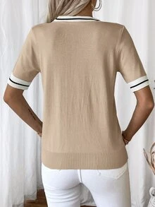 SHEIN Rosurelle 女士休闲撞色条纹短袖针织上衣，春夏 - 卡其色 - 查看 4