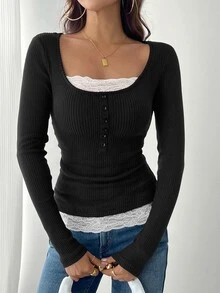 SHEIN Raffinéa Camiseta de cuello redondo 2 en 1 con encaje de contraste y textura marrón para mujer, otoño/invierno - Negro - Ver 6