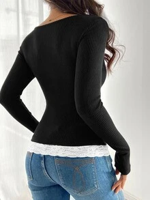 SHEIN Raffinéa Camiseta de cuello redondo 2 en 1 con encaje de contraste y textura marrón para mujer, otoño/invierno - Negro - Ver 2