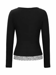 SHEIN Raffinéa Camiseta de cuello redondo 2 en 1 con encaje de contraste y textura marrón para mujer, otoño/invierno - Negro - Ver 8