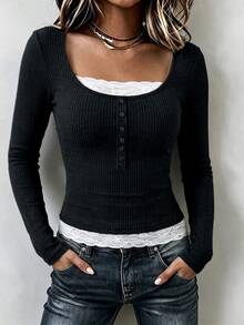 SHEIN Raffinéa Camiseta de cuello redondo 2 en 1 con encaje de contraste y textura marrón para mujer, otoño/invierno - Negro - Ver 1