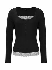 SHEIN Raffinéa Camiseta de cuello redondo 2 en 1 con encaje de contraste y textura marrón para mujer, otoño/invierno - Negro - Ver 7