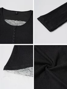 SHEIN Raffinéa Camiseta de cuello redondo 2 en 1 con encaje de contraste y textura marrón para mujer, otoño/invierno - Negro - Ver 10