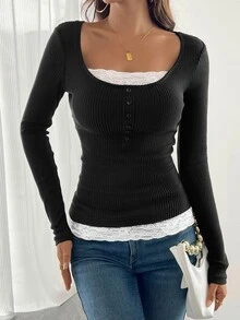 SHEIN Raffinéa Camiseta de cuello redondo 2 en 1 con encaje de contraste y textura marrón para mujer, otoño/invierno - Negro - Ver 9
