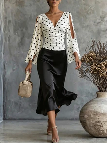 SHEIN Women's 2 Pieces Set Elegant French Polka Dot Ruched V-Neck Chiffon Blouse With Print Sleeves And Style Fitted Skirt, For Spring Summer Autumn Brunch - Multicolor - View 3