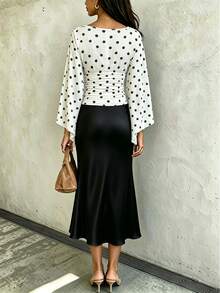 SHEIN Women's 2 Pieces Set Elegant French Polka Dot Ruched V-Neck Chiffon Blouse With Print Sleeves And Style Fitted Skirt, For Spring Summer Autumn Brunch - Multicolor - View 2