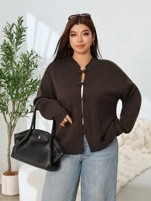 Solflare Plus Size Women's Autumn/Winter Brown Long Sleeve Button-Up Cardigan Sweater - Coffee Brown - View 4