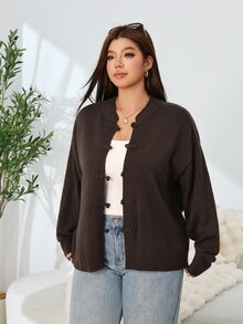 Solflare Plus Size Women's Autumn/Winter Brown Long Sleeve Button-Up Cardigan Sweater - Coffee Brown - View 3