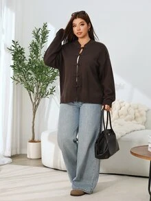 Solflare Plus Size Women's Autumn/Winter Brown Long Sleeve Button-Up Cardigan Sweater - Coffee Brown - View 5