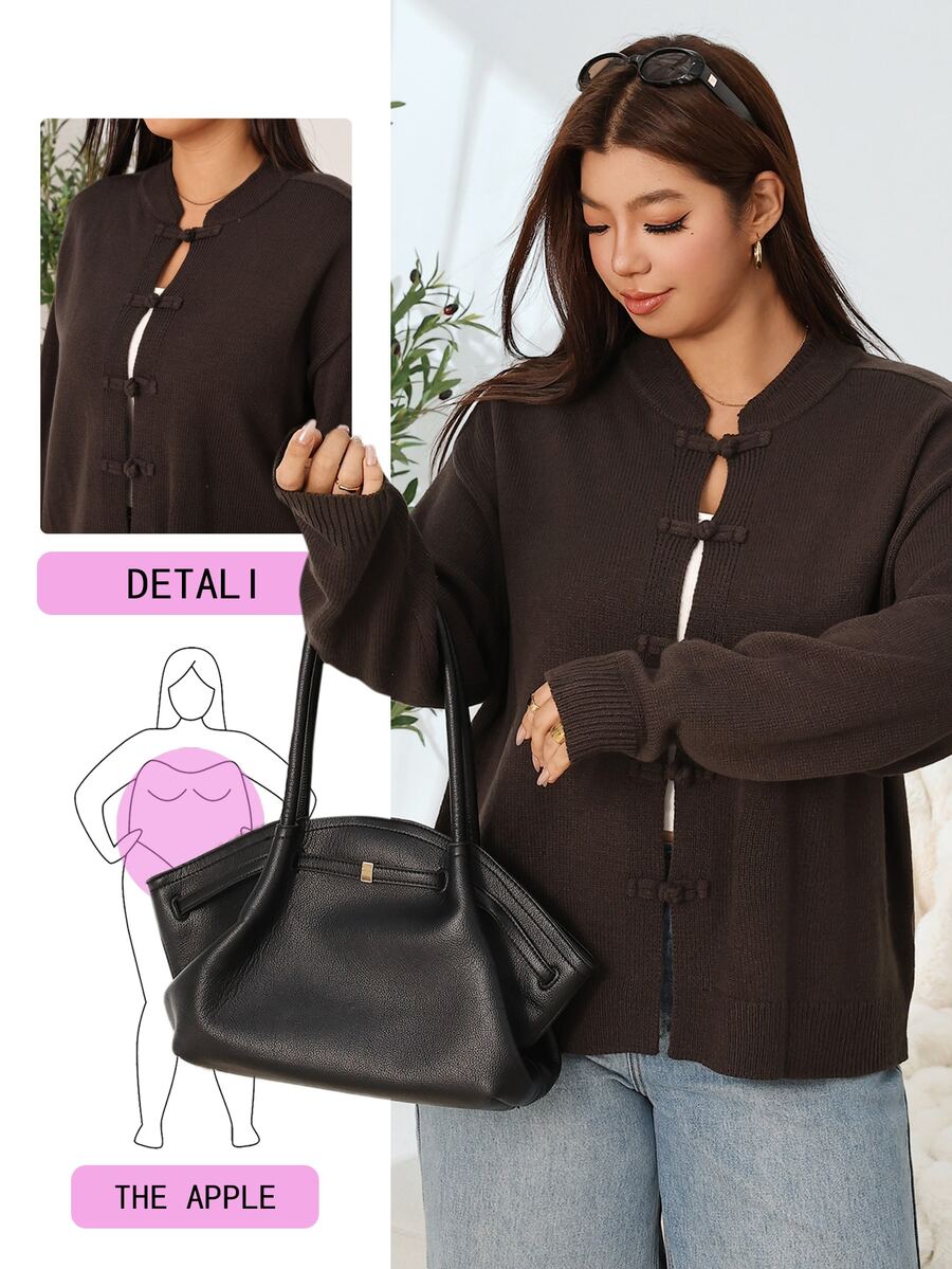 Solflare Plus Size Women's Autumn/Winter Brown Long Sleeve Button-Up Cardigan Sweater - Coffee Brown - View 1
