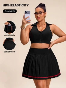 SHEIN Rhythm Era Casual Versatile Navy Blue High Waist Contrast Trim Non-Slip Pleated Skort - Navy Blue - View 5