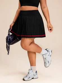 SHEIN Rhythm Era Casual Versatile Navy Blue High Waist Contrast Trim Non-Slip Pleated Skort - Navy Blue - View 1