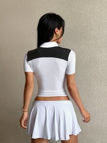 SHEIN Dewbera Women's Color Block Equestrian Shirt, Mesh Back & Sleeves, Half Zip Short Sleeve Riding Top - Black and White - View 2
