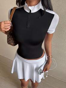 SHEIN Dewbera Women's Color Block Equestrian Shirt, Mesh Back & Sleeves, Half Zip Short Sleeve Riding Top - Black and White - View 5