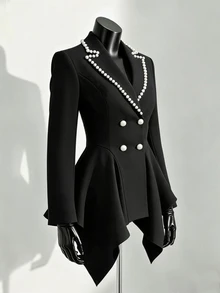 SHEIN Women's Faux Pearl Decor Casual Elegant Commute Formal Business Dinner Travel Blazer Jacket Black And White Fall - Black - View 4