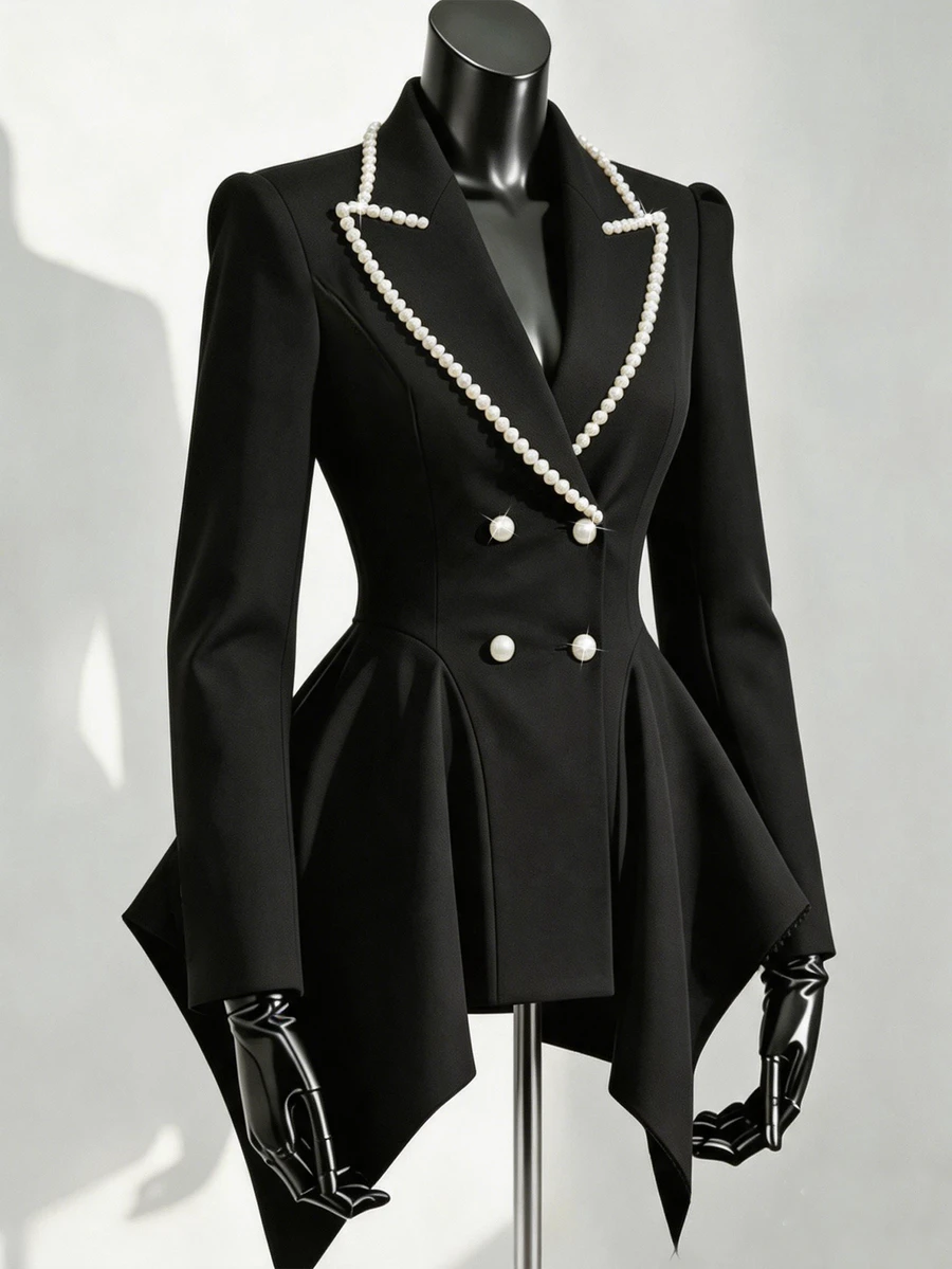 SHEIN Women's Faux Pearl Decor Casual Elegant Commute Formal Business Dinner Travel Blazer Jacket Black And White Fall
