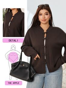 Solflare Plus Size Women's Autumn/Winter Brown Long Sleeve Button-Up Cardigan Sweater - Coffee Brown - View 1