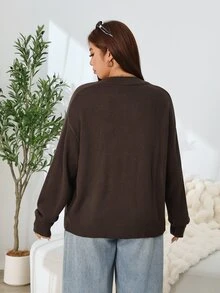 Solflare Plus Size Women's Autumn/Winter Brown Long Sleeve Button-Up Cardigan Sweater - Coffee Brown - View 2