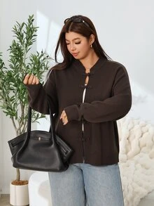Solflare Plus Size Women's Autumn/Winter Brown Long Sleeve Button-Up Cardigan Sweater - Coffee Brown - View 4