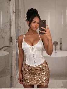 Sweetra Tall Women's Solid Color Sequin Bodycon Fashion Skirt - Champagne - View 4