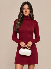 Amorya Women's Vintage Casual Elegant Fashion Long Sleeve Dress For Daily Everyday Dinner Wear Burgundy Fall Brunch Christmas - Burgundy - View 6