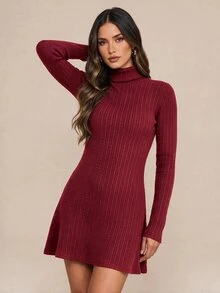 Amorya Women's Vintage Casual Elegant Fashion Long Sleeve Dress For Daily Everyday Dinner Wear Burgundy Fall Brunch Christmas - Burgundy - View 5