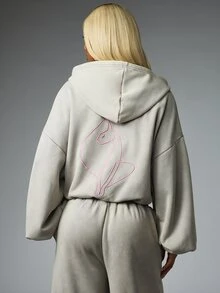 BABYPHAT Oversized Cropped Zip-Up Sweatshirt With Script Embroidery Front And Cat Line Art Back Detail - Grey - View 2