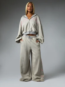 BABYPHAT Oversized Cropped Zip-Up Sweatshirt With Script Embroidery Front And Cat Line Art Back Detail - Grey - View 3