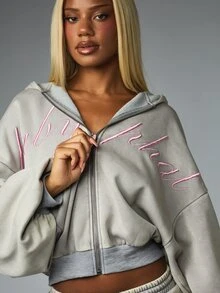 BABYPHAT Oversized Cropped Zip-Up Sweatshirt With Script Embroidery Front And Cat Line Art Back Detail - Grey - View 5